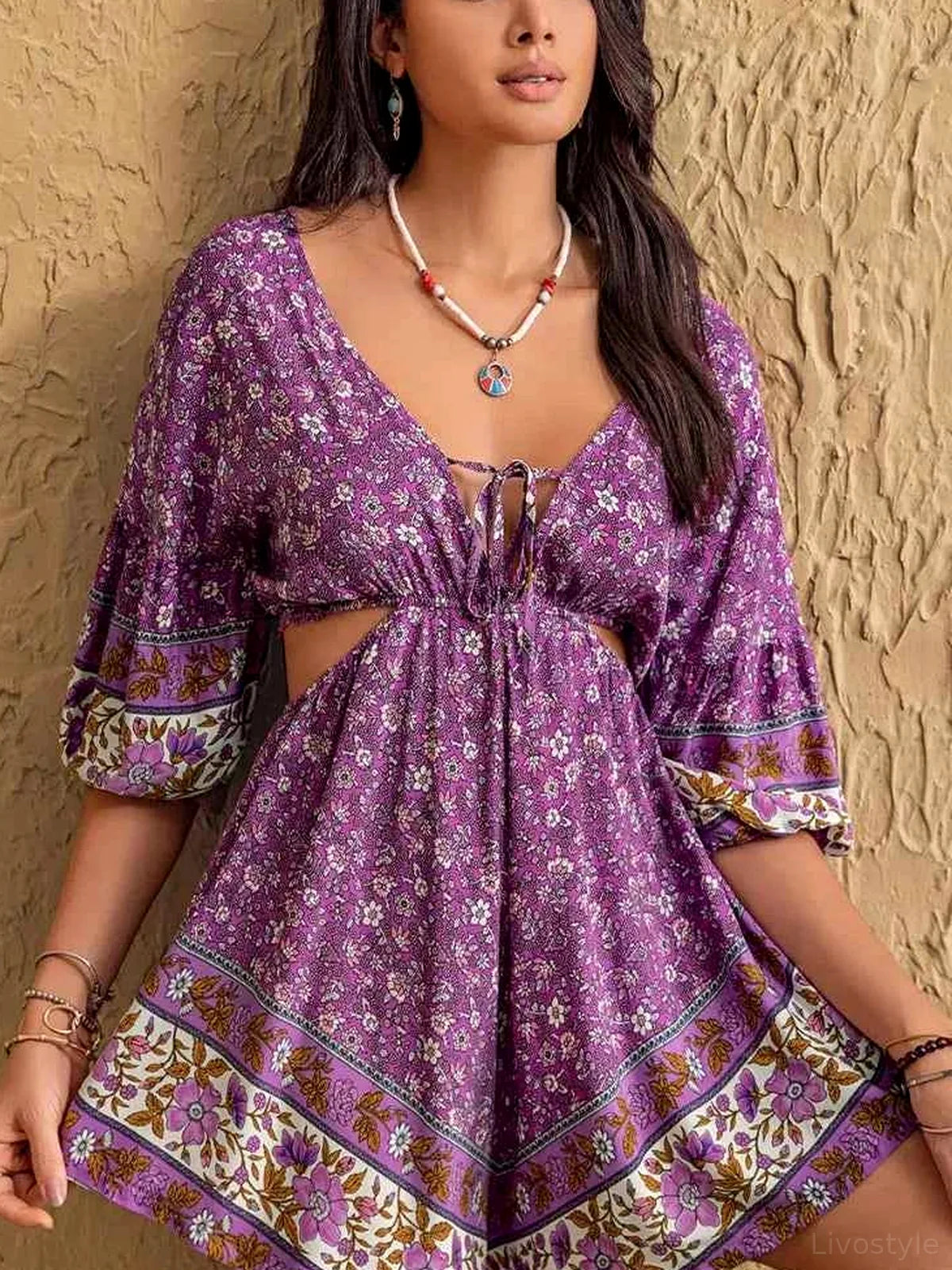 Women's Purple Tied Front Cutout Printed Romper