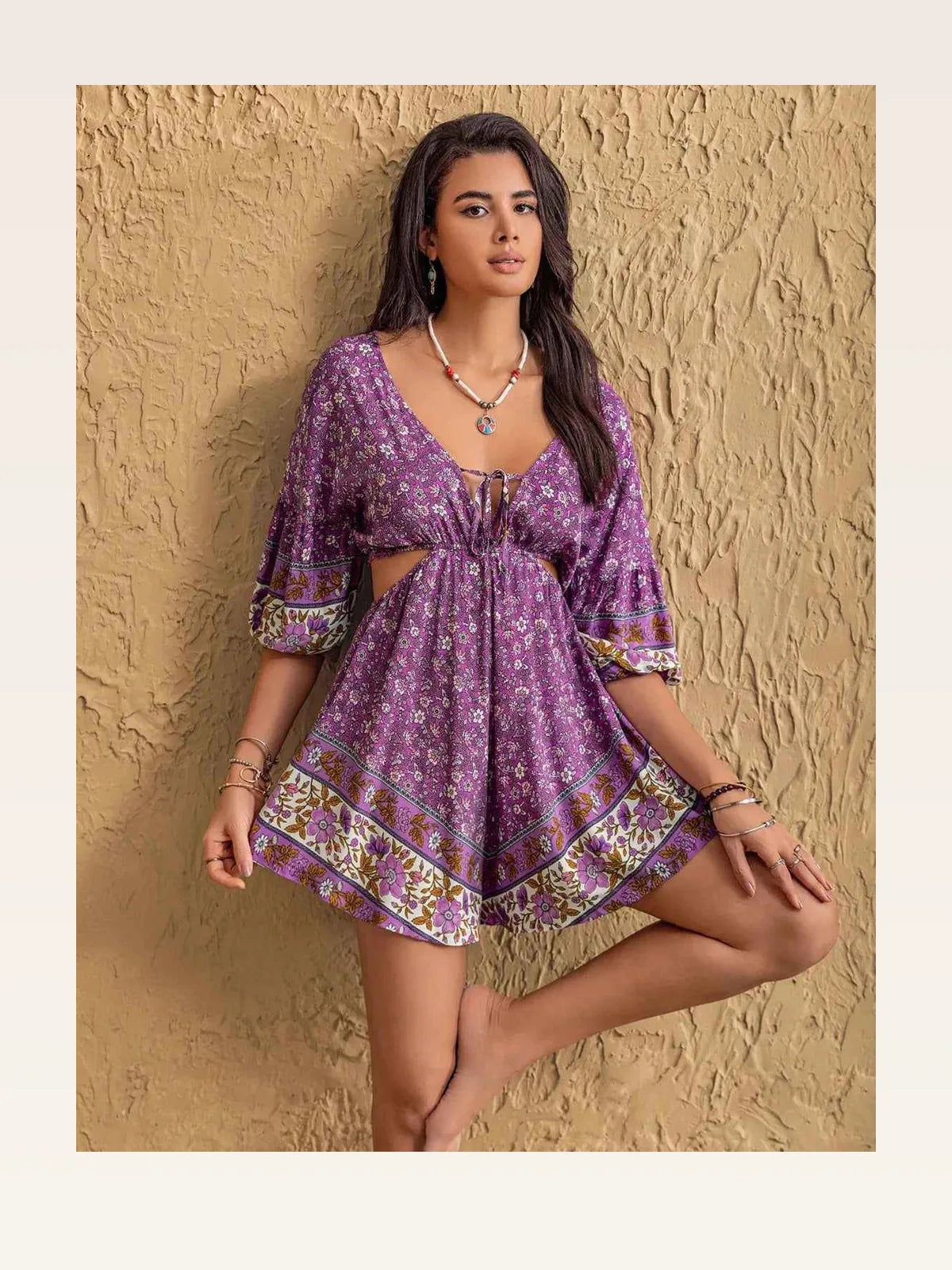 Women's Purple Tied Front Cutout Printed Romper