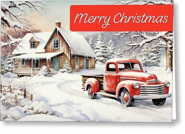 Vintage Christmas Scene with Red Truck - Greeting Card