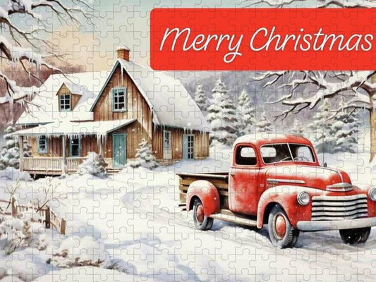 Vintage Christmas Scene with Red Truck Puzzle