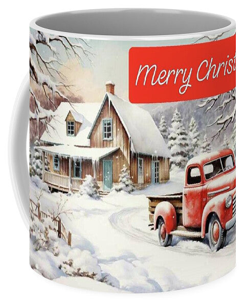 Vintage Christmas Scene with Red Truck on Ceramic Mug
