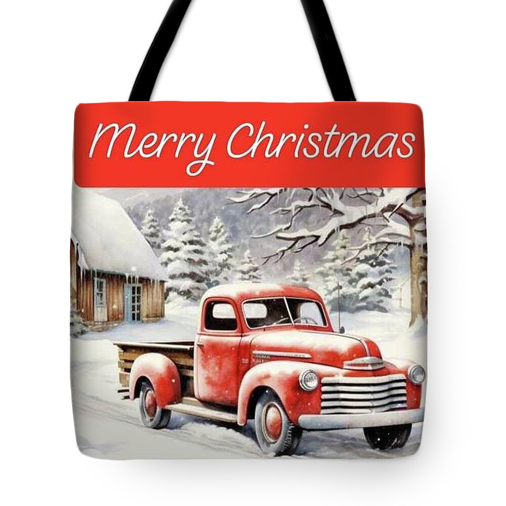 Vintage Christmas Scene with Red Truck - Tote Bag