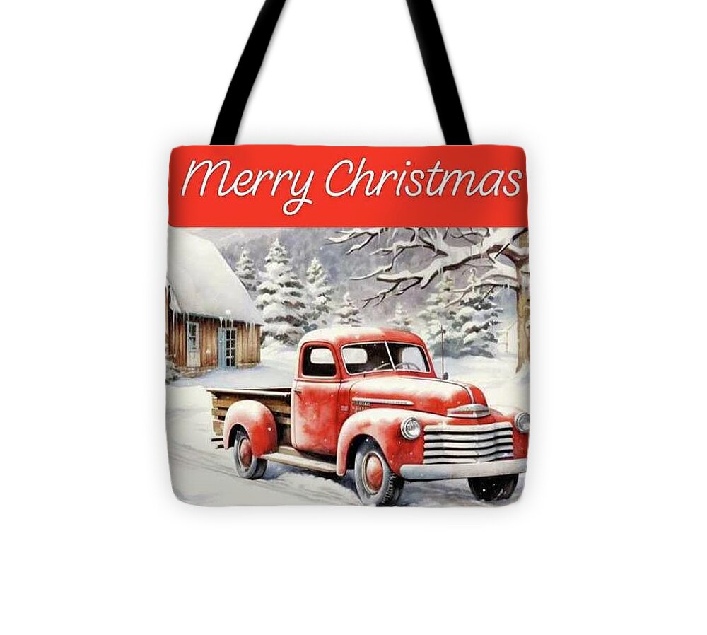 Vintage Christmas Scene with Red Truck - Tote Bag