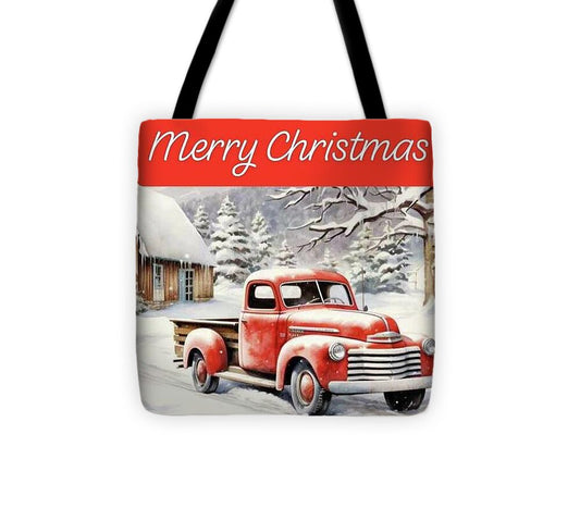 Vintage Christmas Scene with Red Truck - Tote Bag