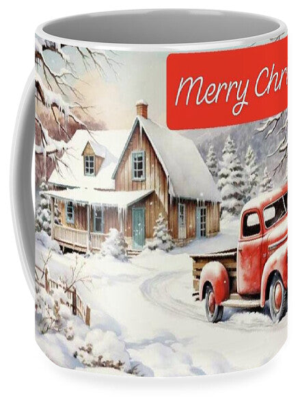 Vintage Christmas Scene with Red Truck on Ceramic Mug