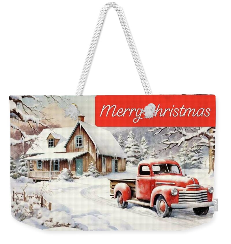 Vintage Christmas Scene with Red Truck Weekender Tote Bag