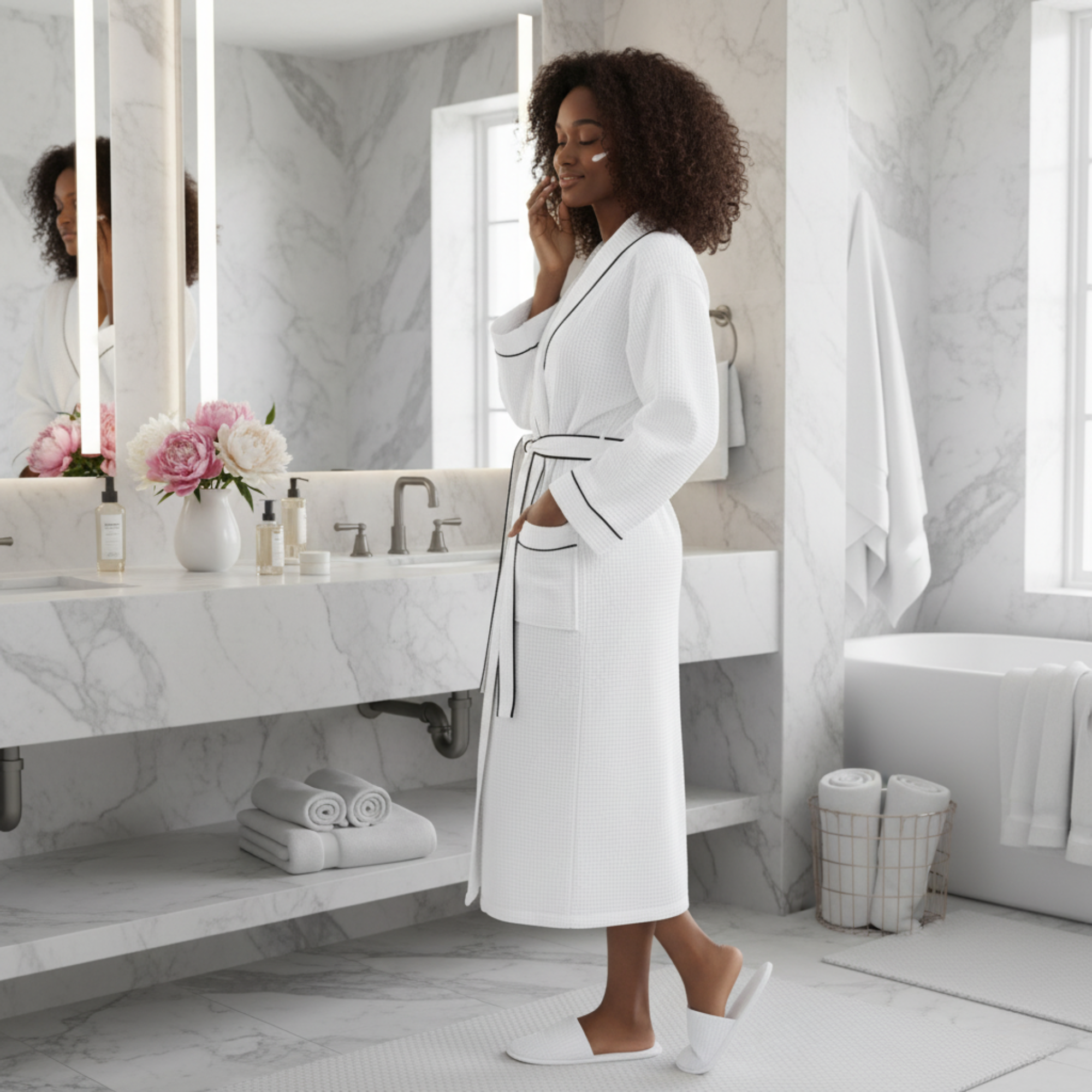 Women’s Waffle Piping Bathrobe – Lightweight Spa-Style Comfort