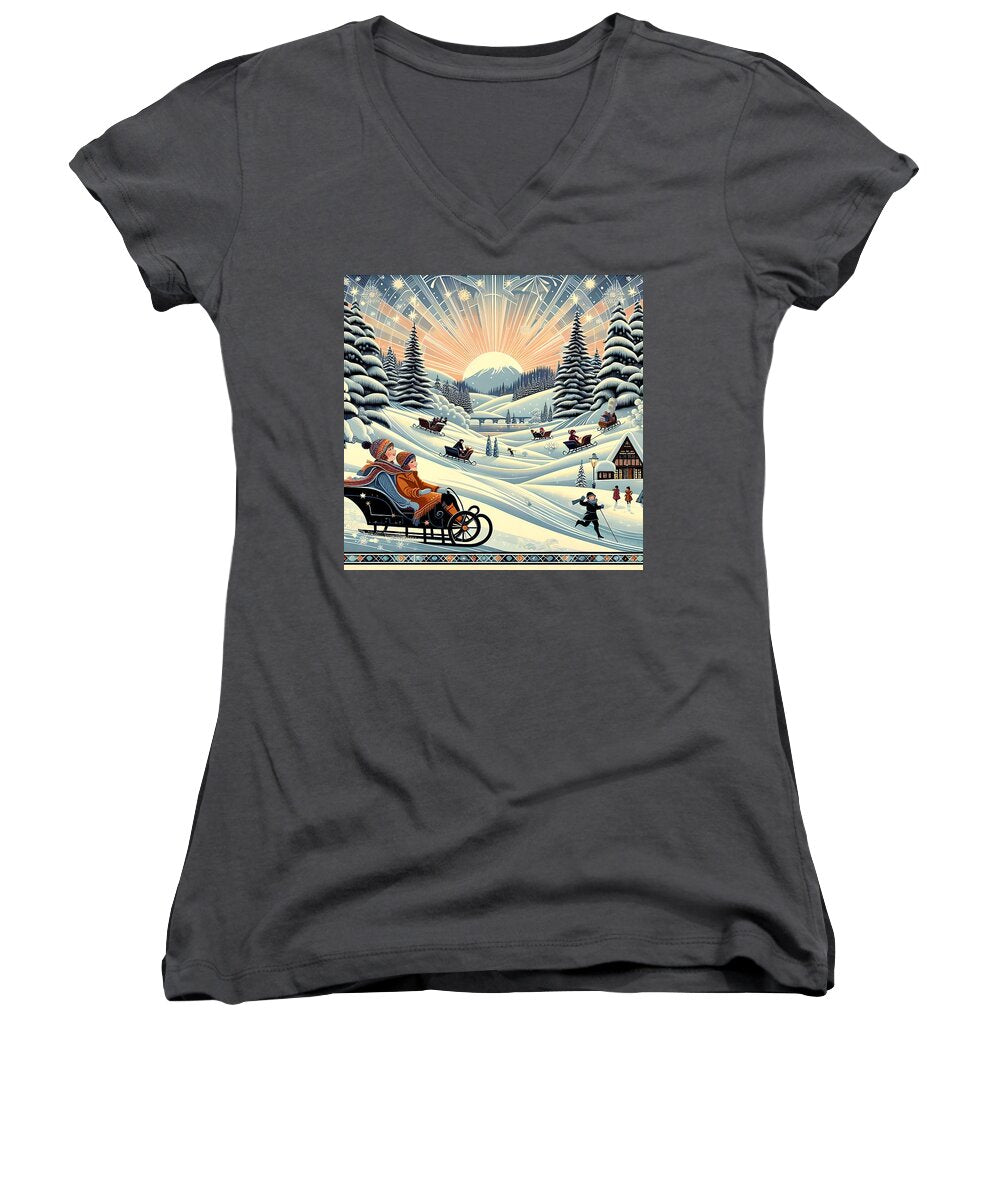 Winter Wonderland Sledding Adventure Women's V-Neck T-shirt