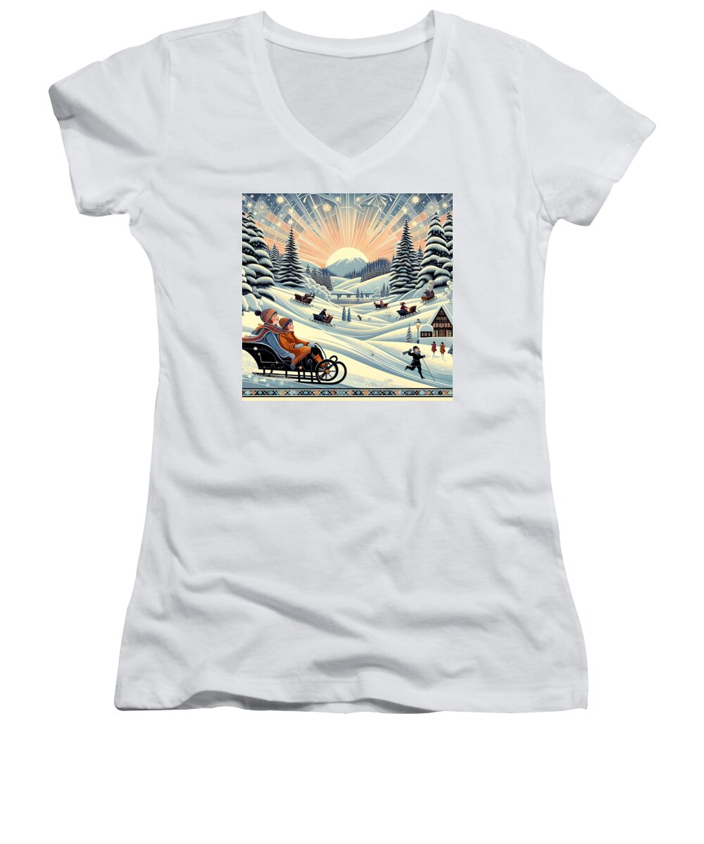 Winter Wonderland Sledding Adventure Women's V-Neck T-shirt