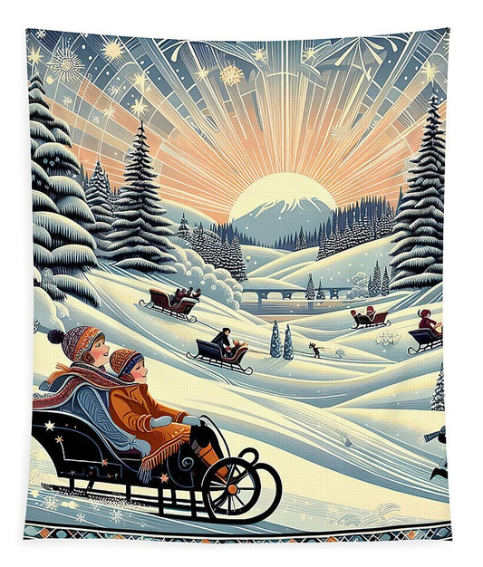 Winter Wonderland Sledding Adventure Decorative Tapestry Wall Art