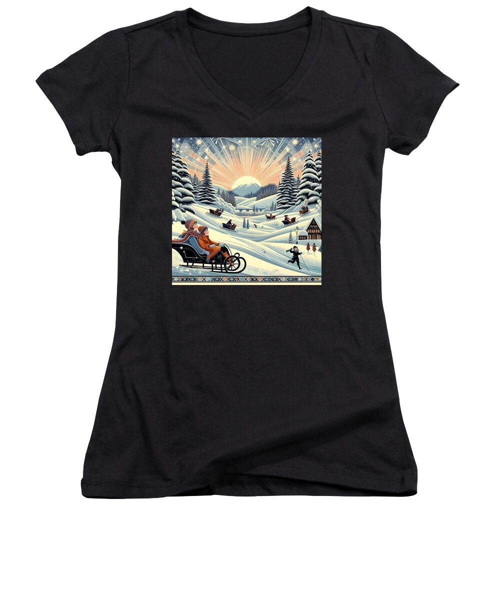 Winter Wonderland Sledding Adventure Women's V-Neck T-shirt