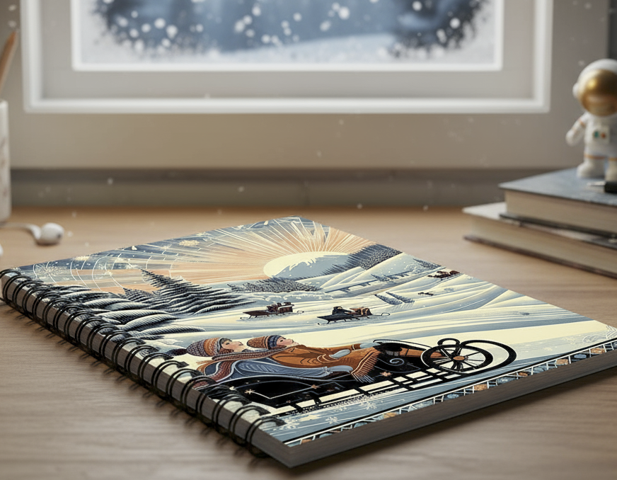 Notebook with mountain and landscape design on a desk with a snowy window view.