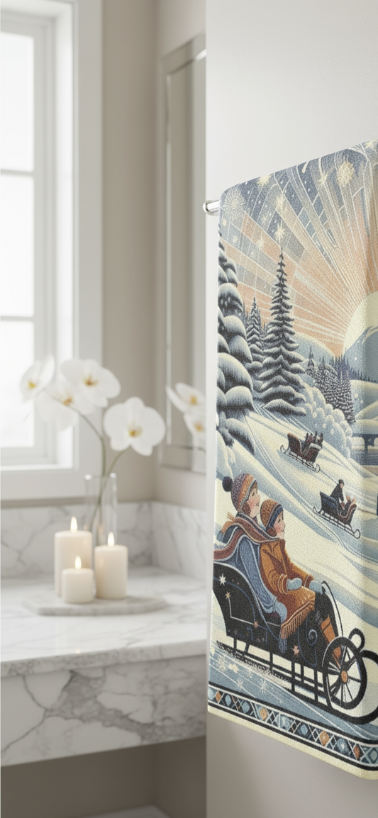 Decorative towel with winter scene design hanging on a towel rack in a bathroom.