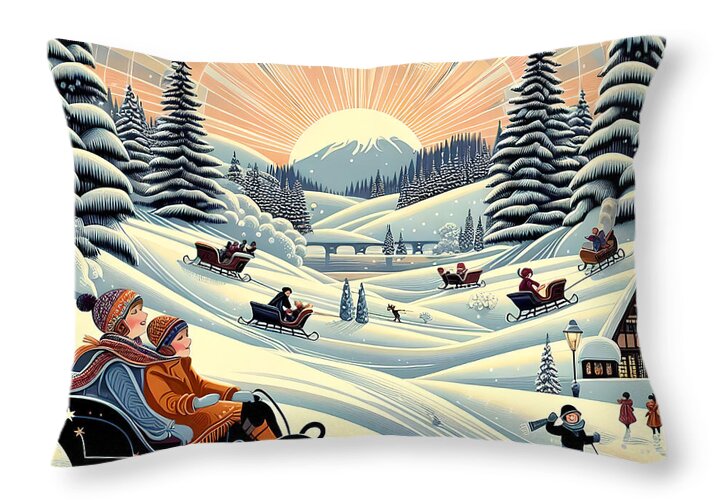 Winter Wonderland Sledding Adventure - Throw Pillow
