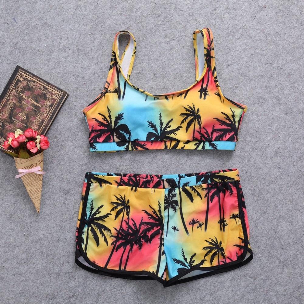 Women's Two Piece Crop Top High Waist Shorts & Floral Top Bikini Swimwear Beachwear