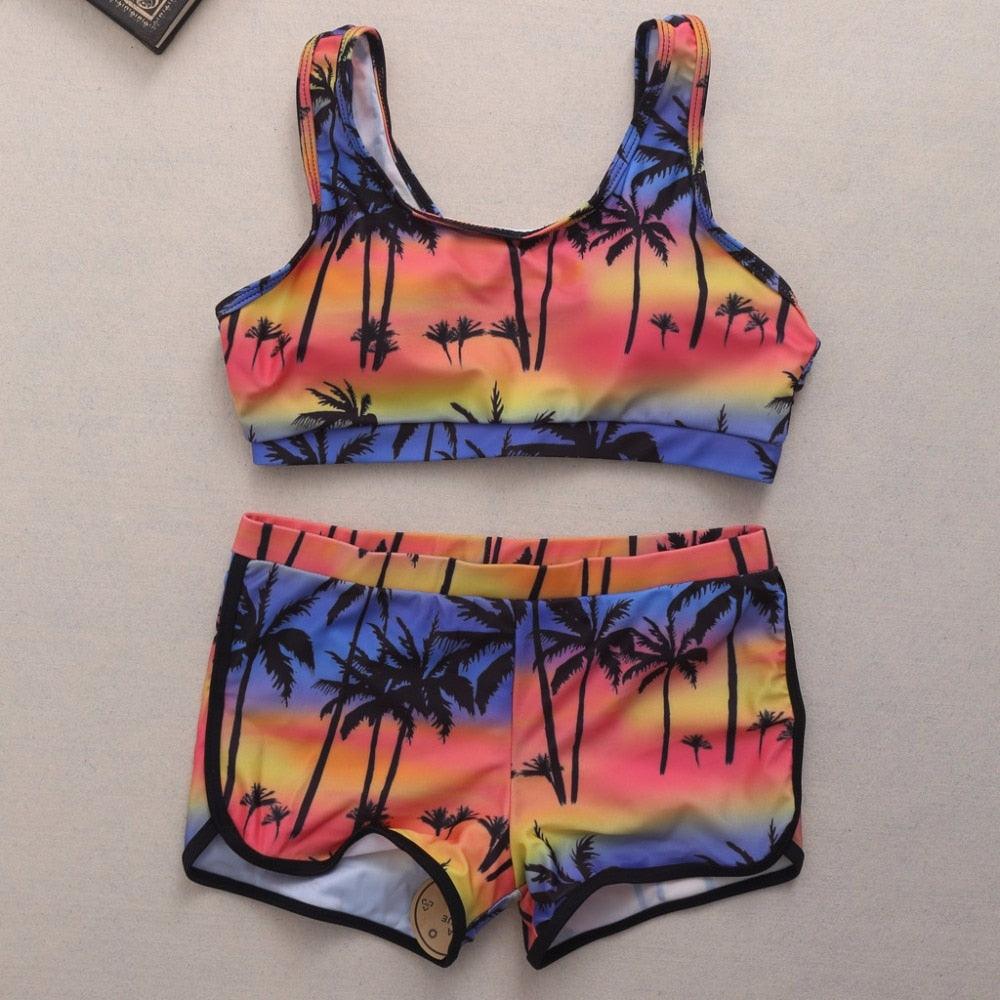 Women's Two Piece Crop Top High Waist Shorts & Floral Top Bikini Swimwear Beachwear