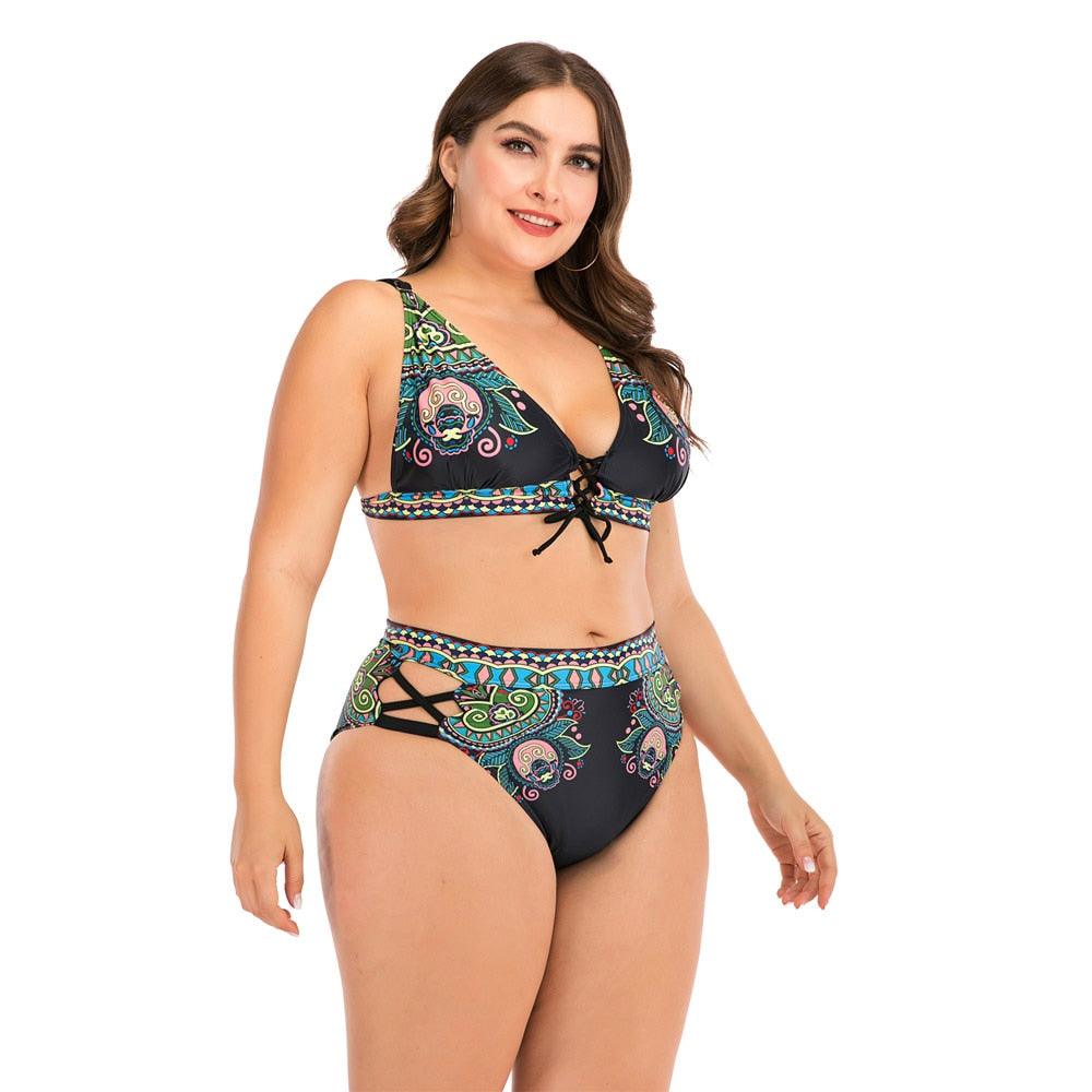 Women's Two Piece Plus Size Halter Neck Built-in Sports Bra Bikini Swimsuit Beachwear