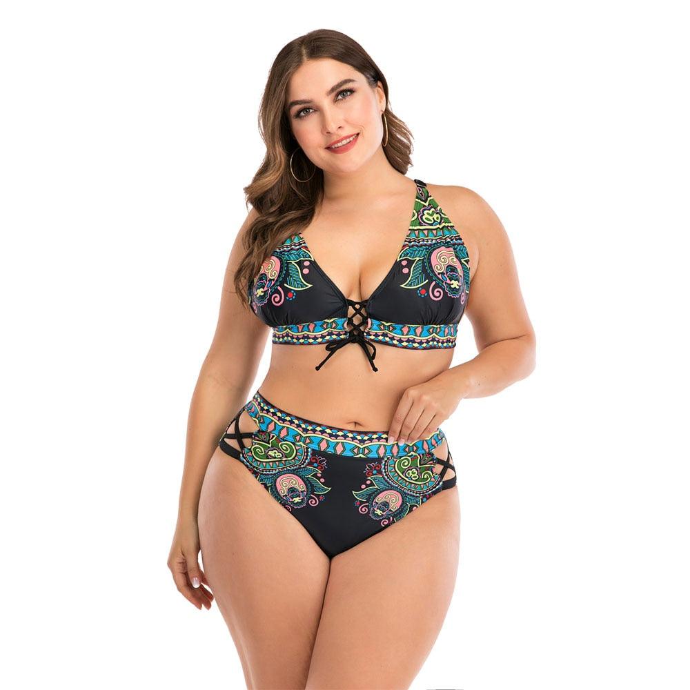 Women's Two Piece Plus Size Halter Neck Built-in Sports Bra Bikini Swimsuit Beachwear
