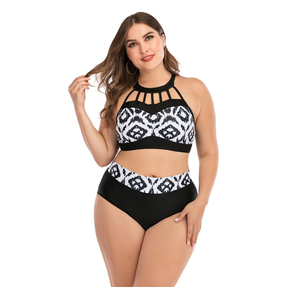 Women's Two Piece Plus Size Halter Neck Built-in Sports Bra Bikini Swimsuit Beachwear
