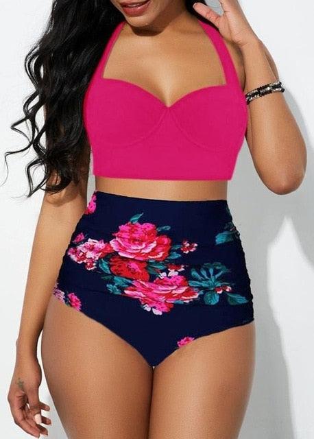 Women's Two Piece Vintage Tropical Print Push Up Padded Bra & Retro High Waist Swimsuit Beach Wear