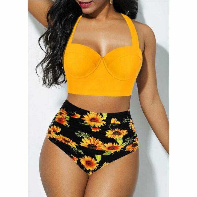 Women's Two Piece Vintage Tropical Print Push Up Padded Bra & Retro High Waist Swimsuit Beach Wear