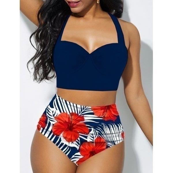 Women's Two Piece Vintage Tropical Print Push Up Padded Bra & Retro High Waist Swimsuit Beach Wear