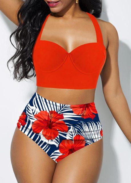 Women's Two Piece Vintage Tropical Print Push Up Padded Bra & Retro High Waist Swimsuit Beach Wear