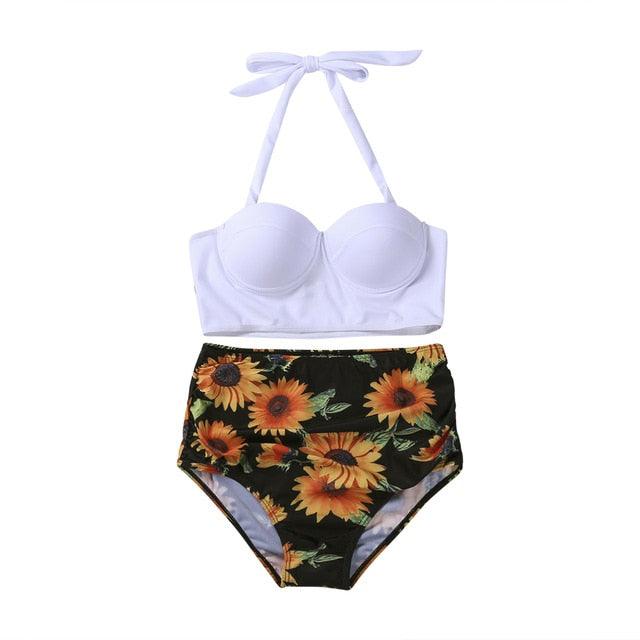 Women's Two Piece Vintage Tropical Print Push Up Padded Bra & Retro High Waist Swimsuit Beach Wear