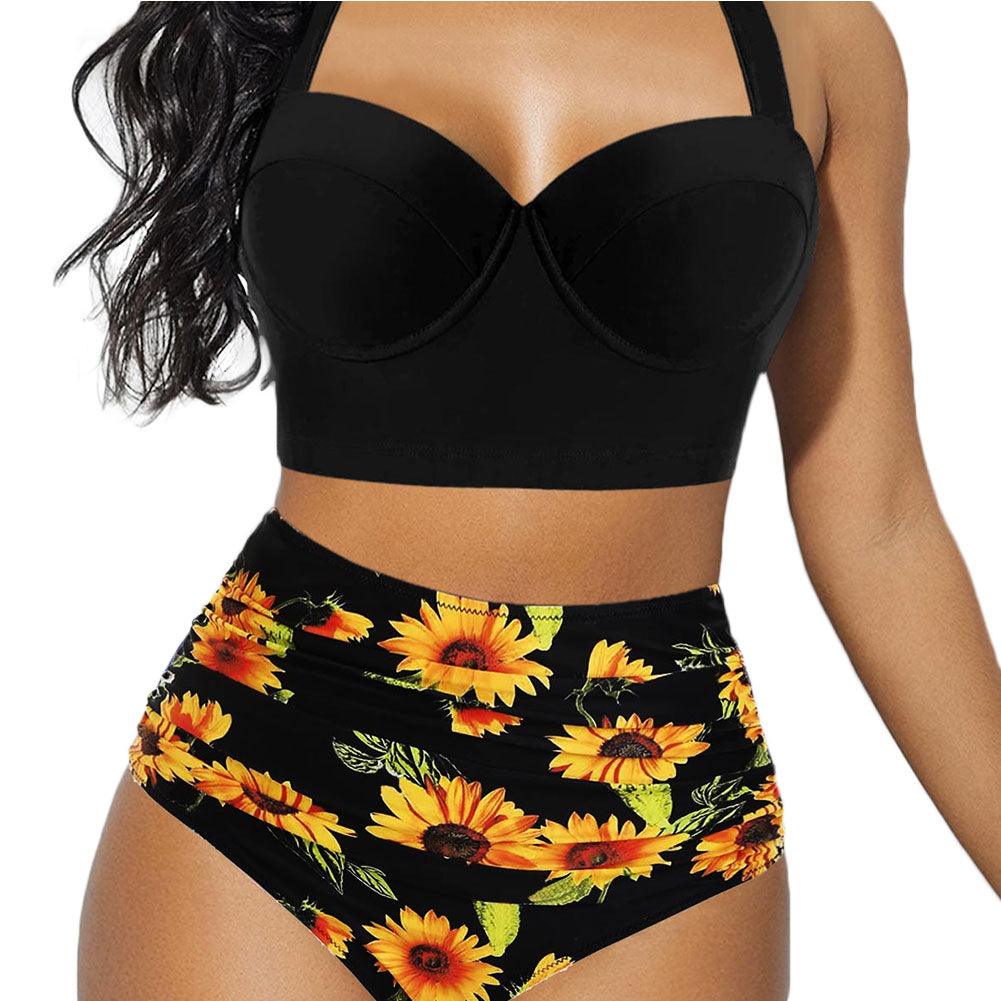 Women's Two Piece Vintage Tropical Print Push Up Padded Bra & Retro High Waist Swimsuit Beach Wear