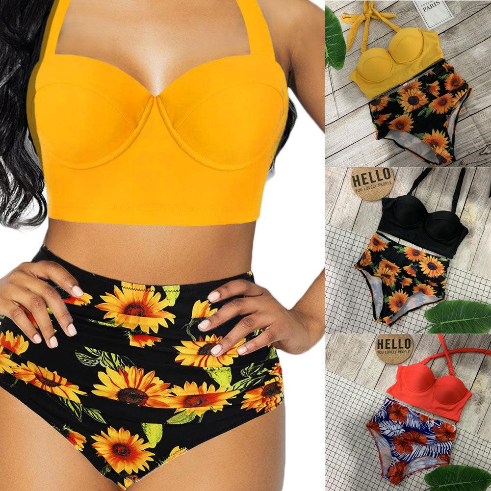 Women's Two Piece Vintage Tropical Print Push Up Padded Bra & Retro High Waist Swimsuit Beach Wear