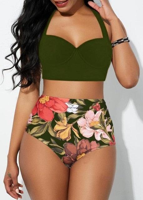 Women's Two Piece Vintage Tropical Print Push Up Padded Bra & Retro High Waist Swimsuit Beach Wear