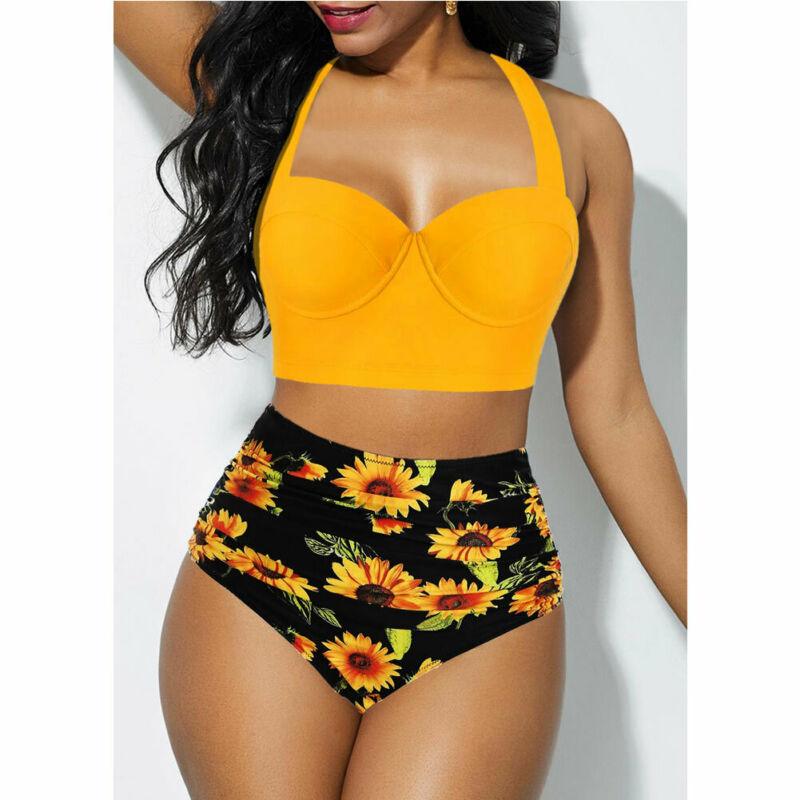 Women's Two Piece Vintage Tropical Print Push Up Padded Bra & Retro High Waist Swimsuit Beach Wear