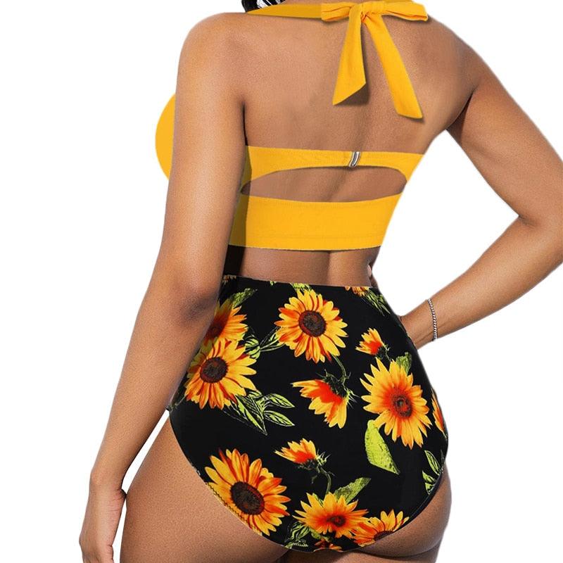 Women's Two Piece Vintage Tropical Print Push Up Padded Bra & Retro High Waist Swimsuit Beach Wear