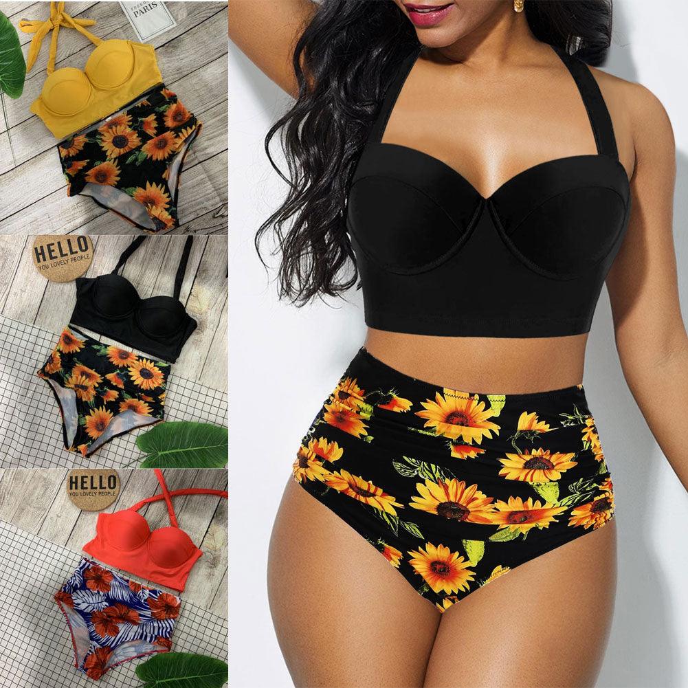 Women's Two Piece Vintage Tropical Print Push Up Padded Bra & Retro High Waist Swimsuit Beach Wear
