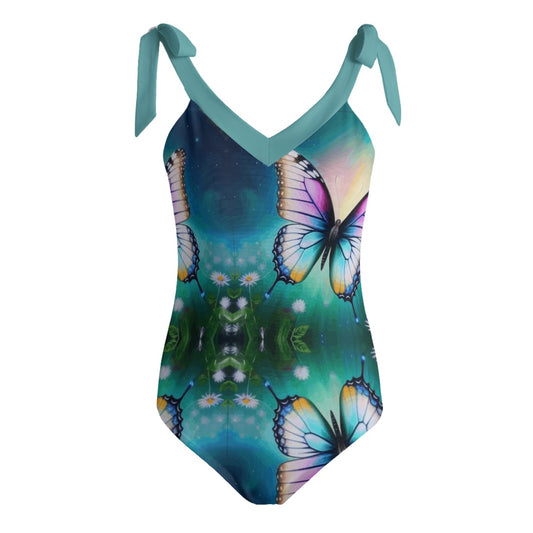 Women's Butterfly Printed Tie Shoulder One-piece Padded Swimsuit