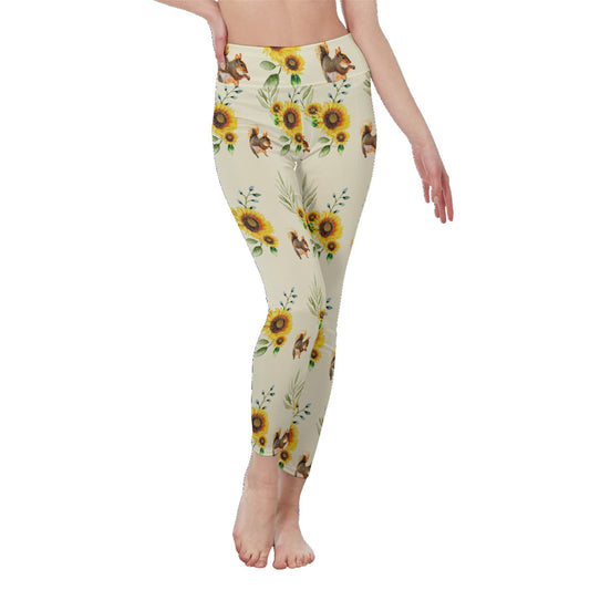 Pattern of Happy Squirrel and Sunflowers Women's High Waist Leggings up to 5XL - Shell Design Boutique