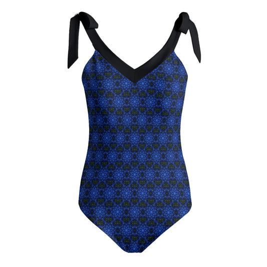 Traje de baño acolchado con hombros anudados en azul y negro para mujer