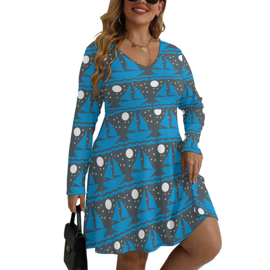 Sailboats in the Moonlight Printed Women's V-neck Long Sleeve Dress