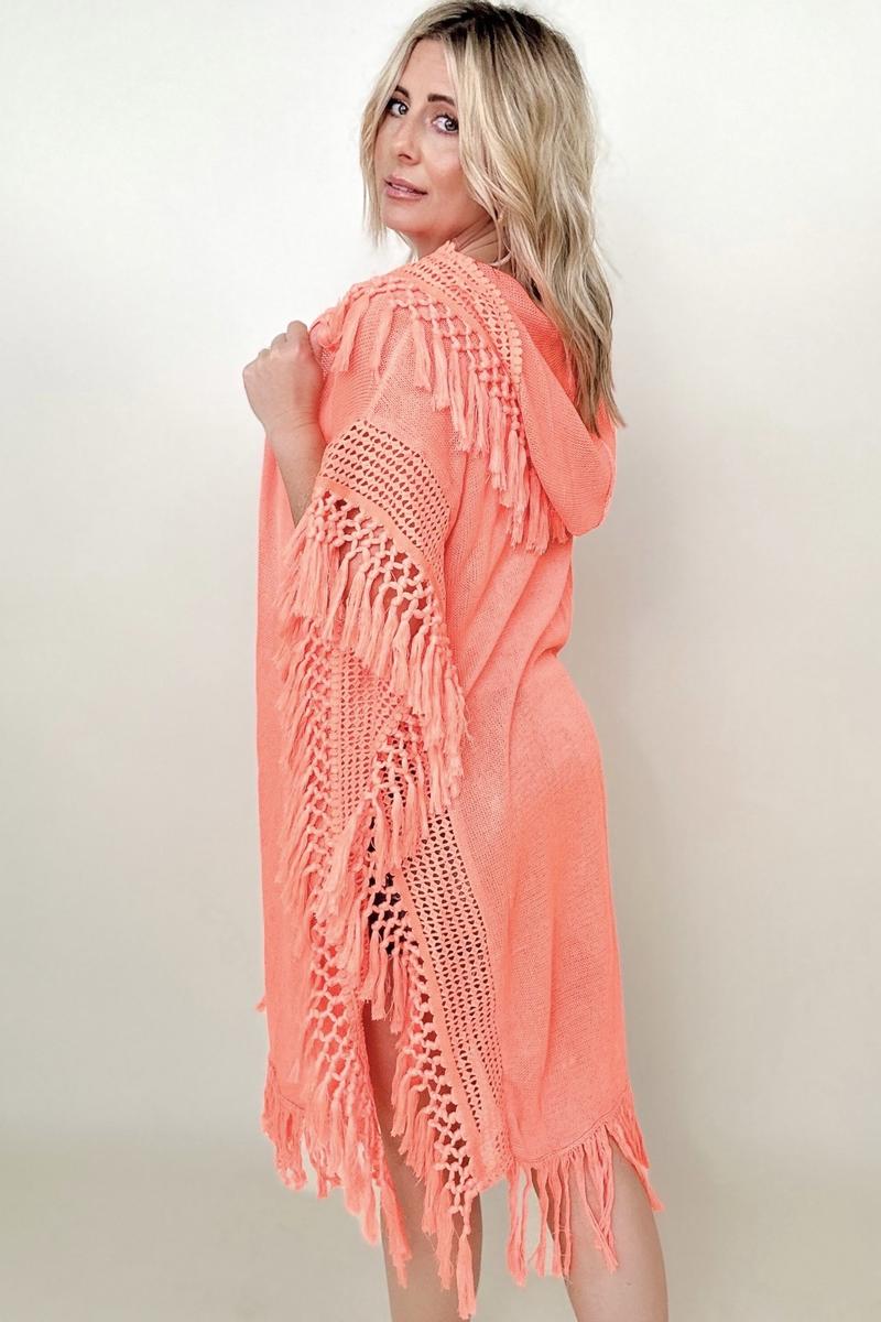 Davi & Dani Fringe Detail Knit Hooded Poncho Kimono up to 3XL - Shell Design Boutique