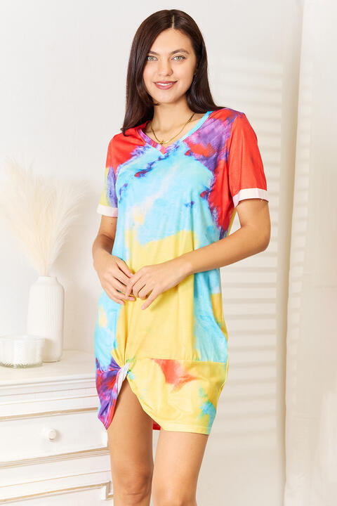 Double Take Tie-Dye V-Neck Twisted Dress up to XL