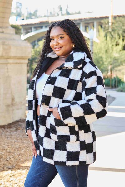 Double Take Black and White Checkered Coat with Pockets