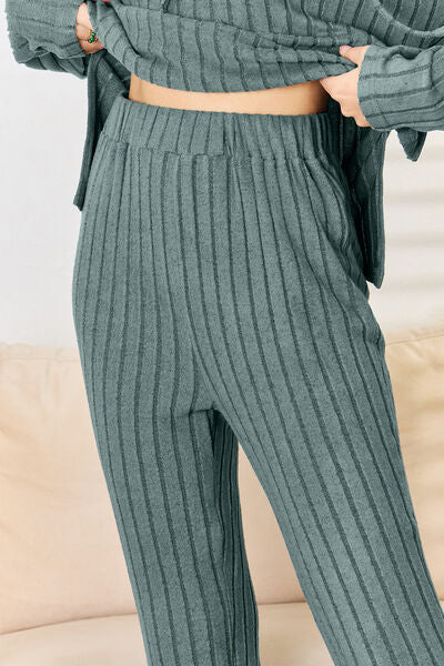 Basic Bae Full Size Ribbed Drawstring Hoodie & Pants 2-Piece Set