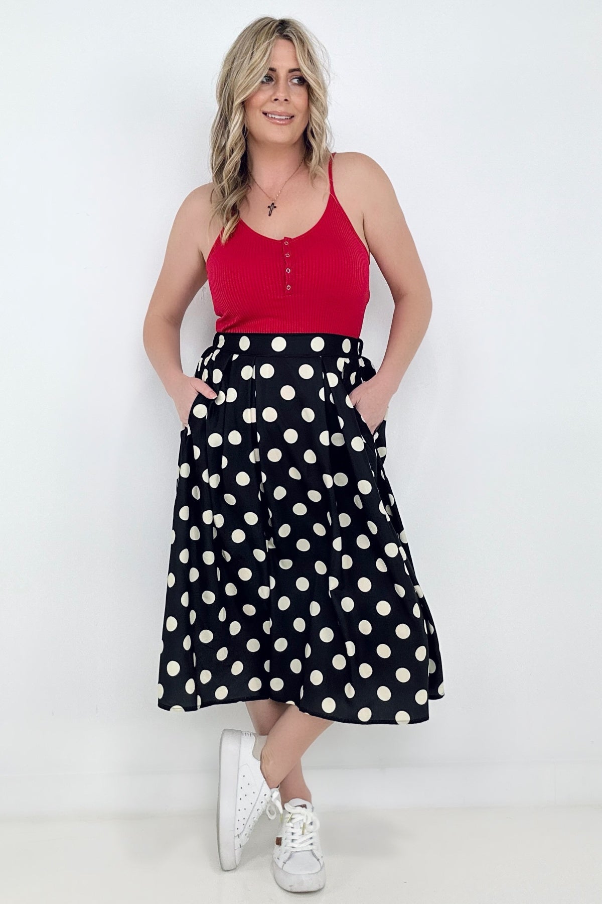 Jade By Jane Polka Dot Pleated Midi Skirt up to 3XL - Shell Design Boutique