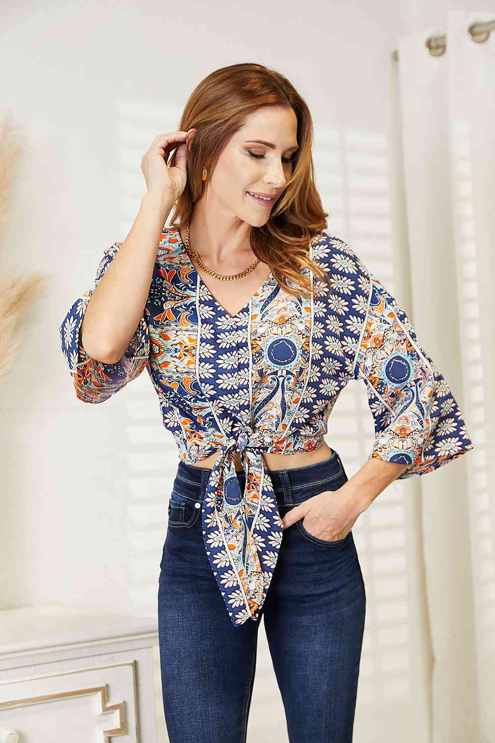 Double Take Tie Hem V-Neck Three-Quarter Sleeve Blouse up to XL - Shell Design Boutique