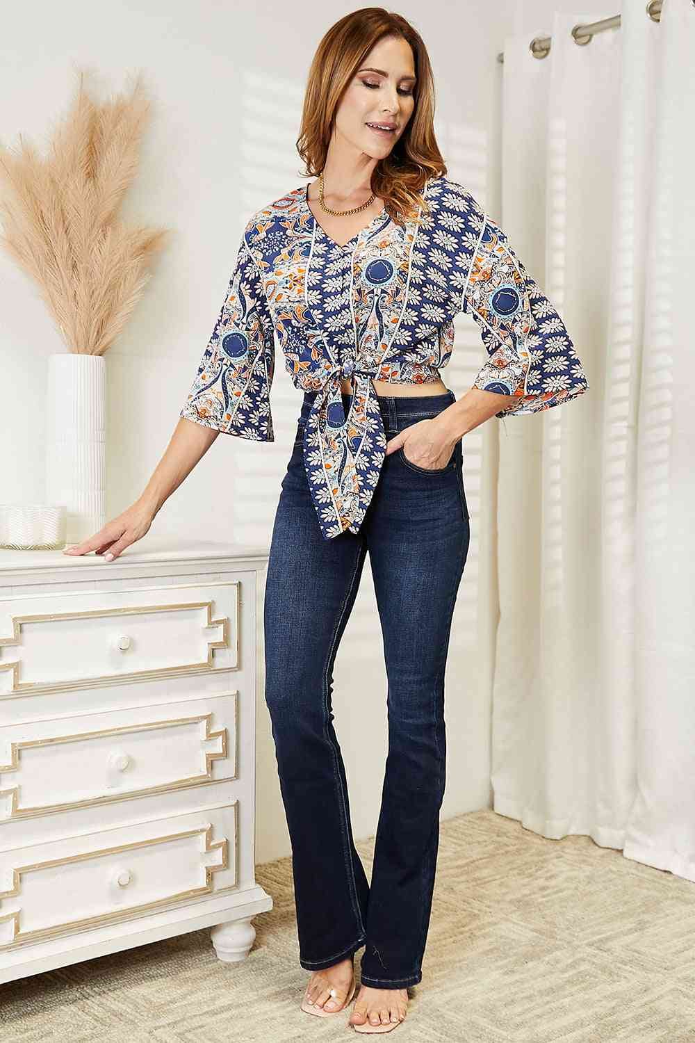 Double Take Tie Hem V-Neck Three-Quarter Sleeve Blouse up to XL - Shell Design Boutique