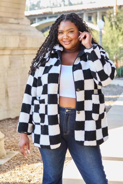 Double Take Black and White Checkered Coat with Pockets