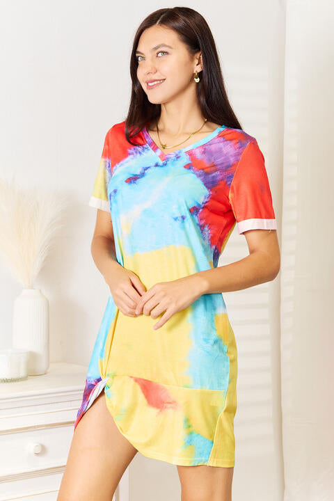 Double Take Tie-Dye V-Neck Twisted Dress up to XL