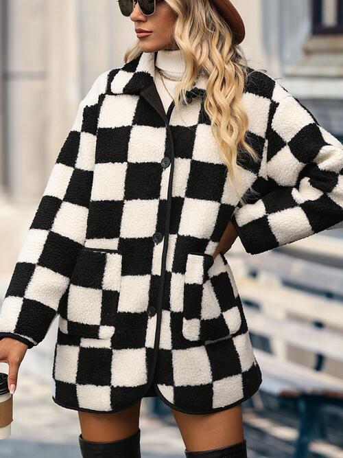 Double Take Black and White Checkered Coat with Pockets