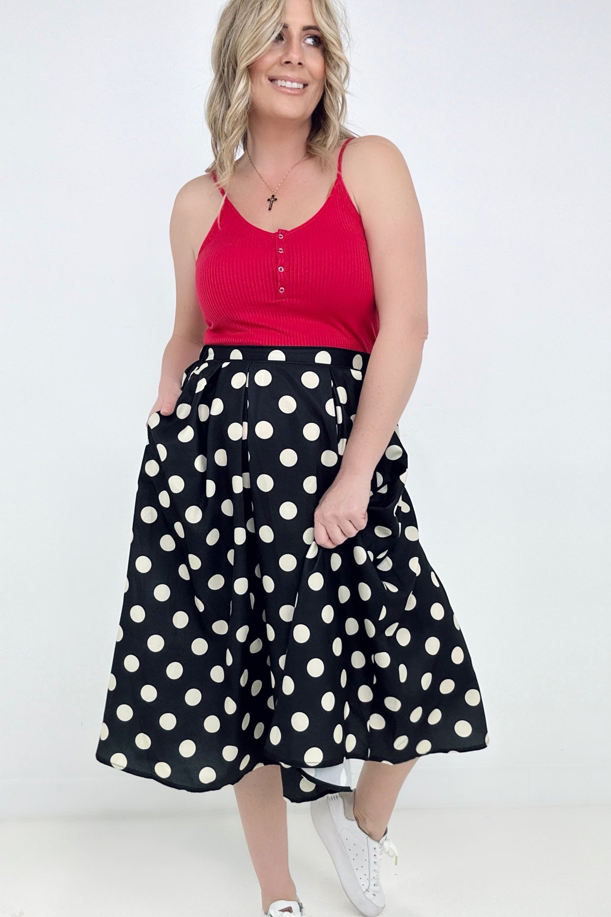 Jade By Jane Polka Dot Pleated Midi Skirt up to 3XL - Shell Design Boutique