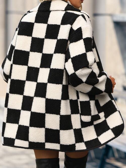 Double Take Black and White Checkered Coat with Pockets